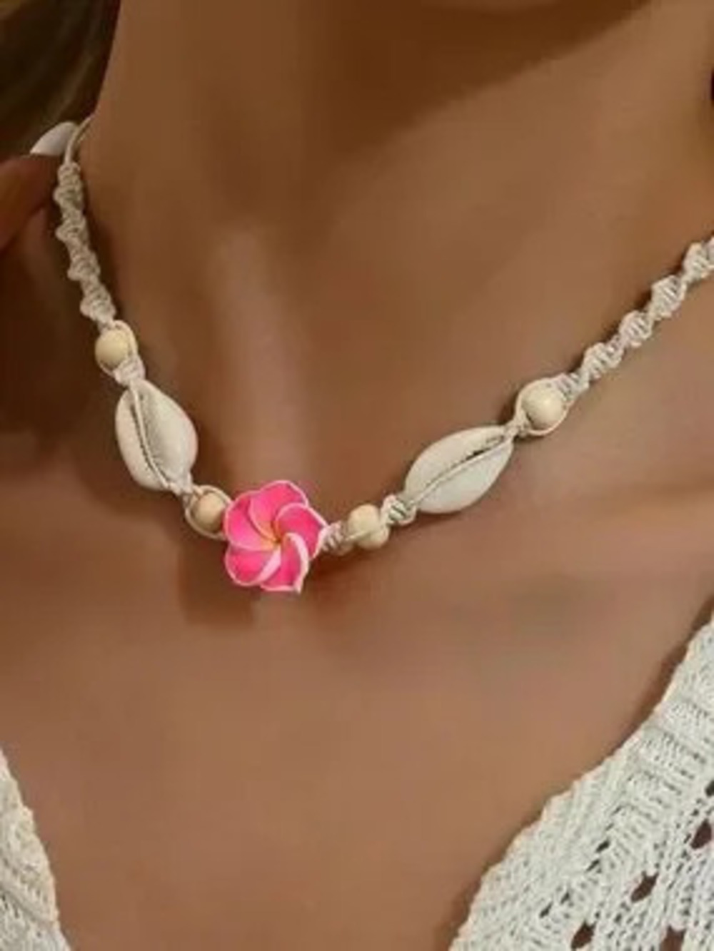 Anthropologie Pink Flower Shell Choker Necklace